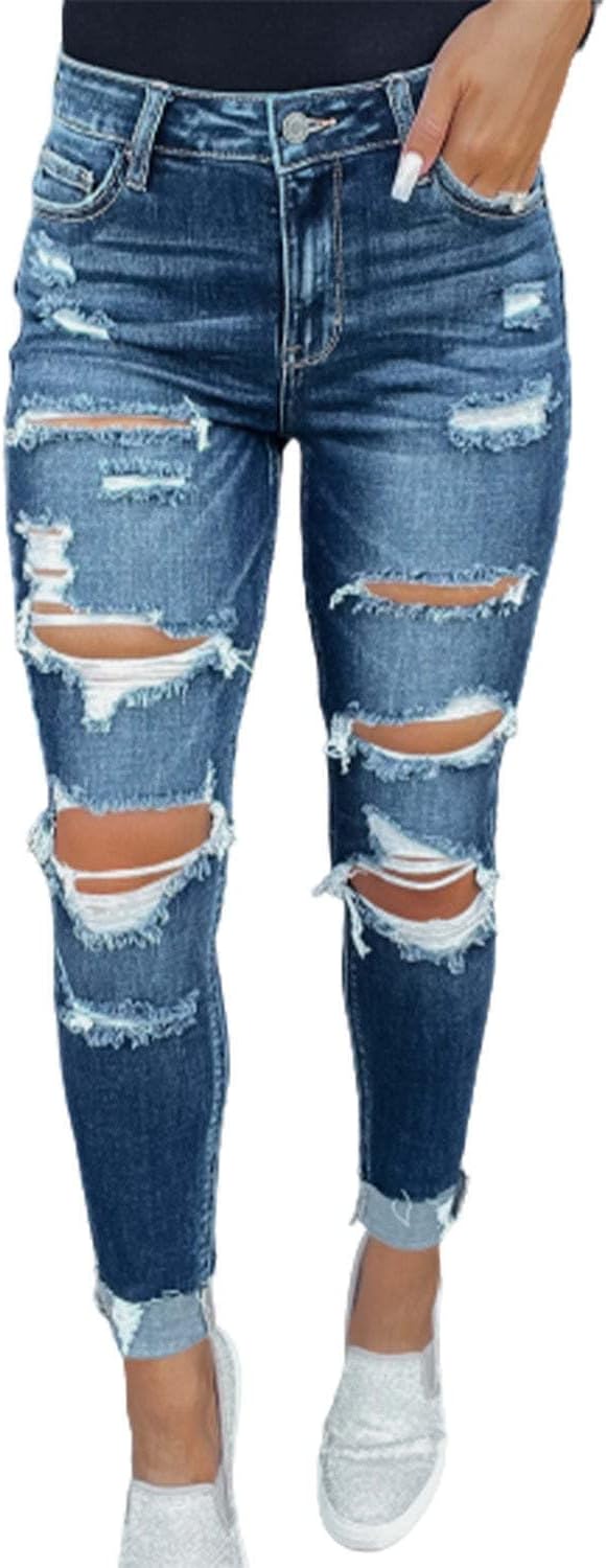 KUNMI Women's Ripped Mid Waisted Boyfriend Jeans for Style