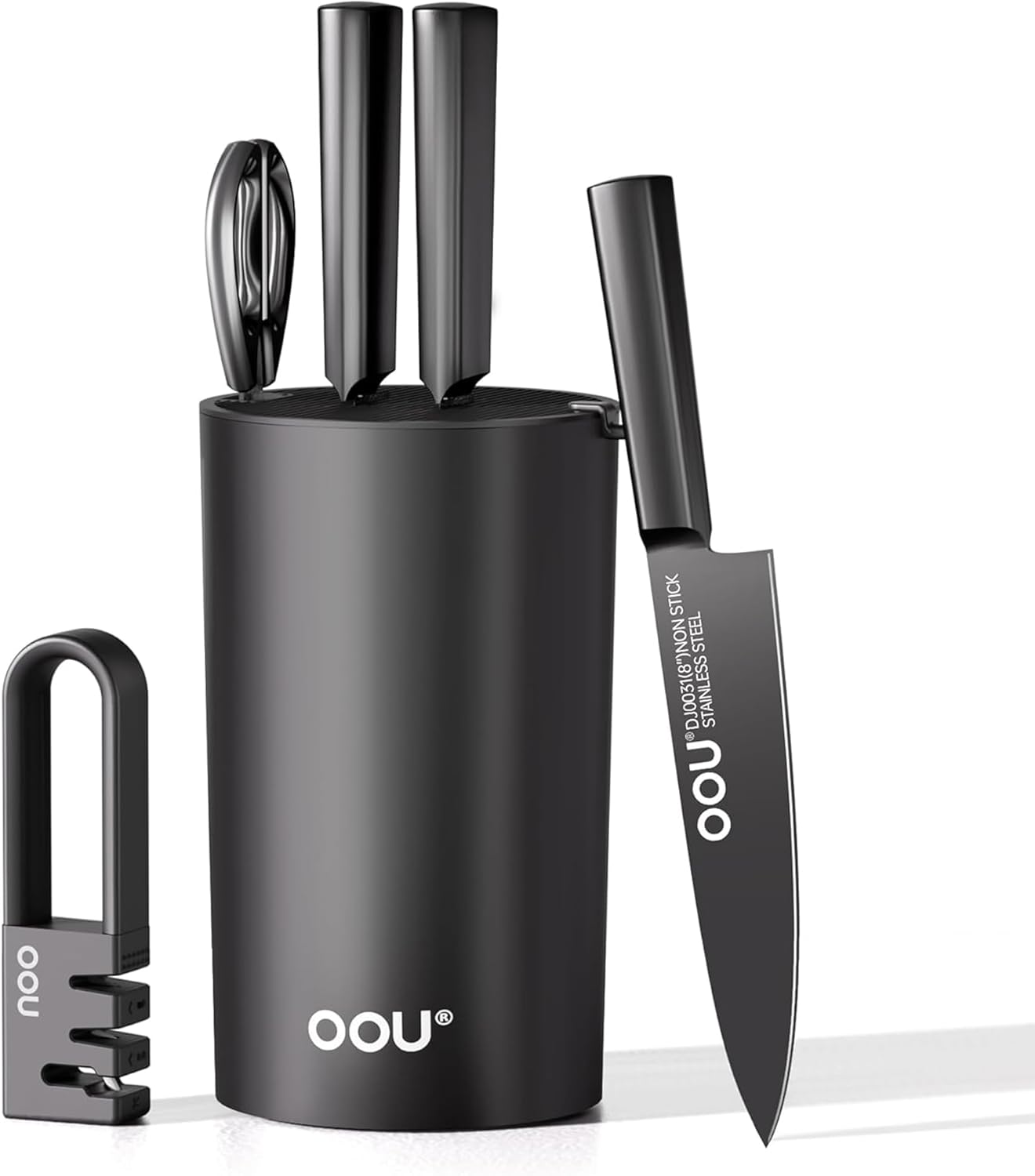 OOU Knife Set with Block and Sharpener for Modern Kitchens
