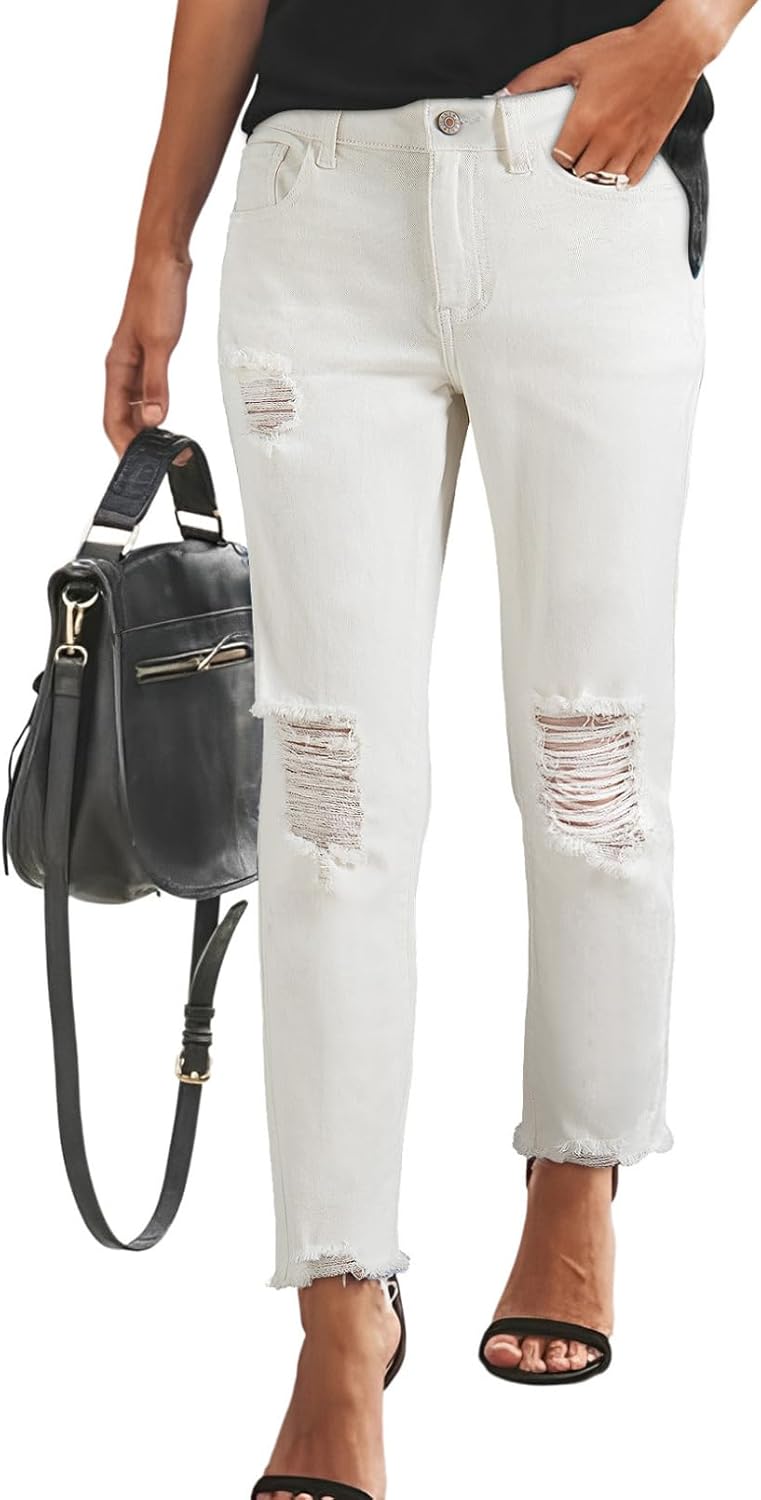 Sidefeel Women's Boyfriend Jeans Stretchy Ripped Distressed Denim