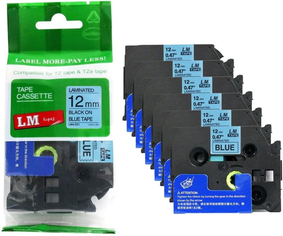 6/Pack LM Tapes Compatible TZe-531 Black on Blue Label Tape