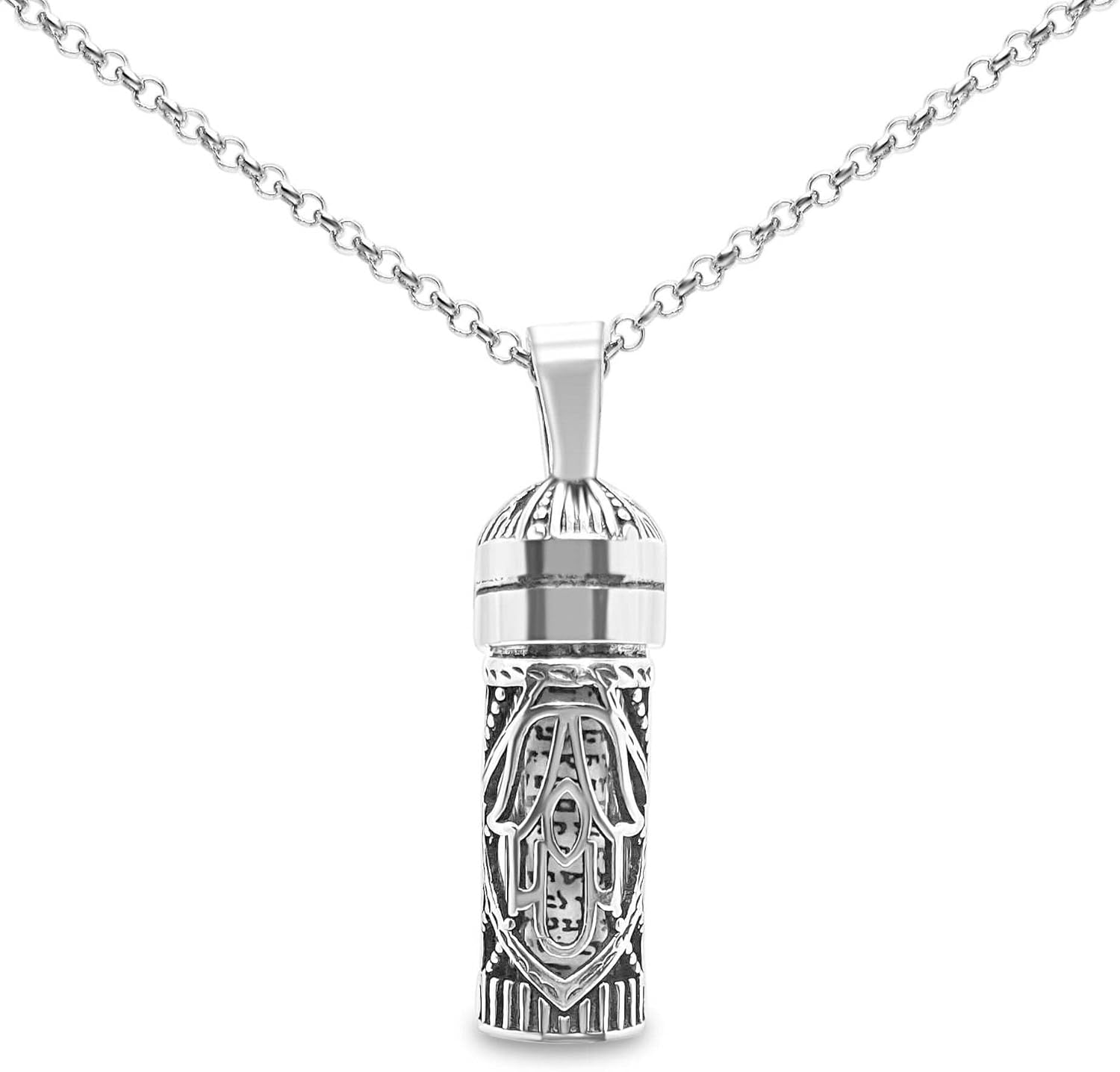 Sterling Silver Mezuzah Necklace with Hamsa Pendant for All