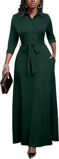 Runwind Women Church Maxi Dress 3/4 Sleeve Button Down - Elegant