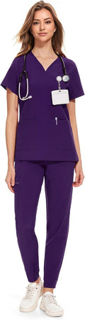 COZYFIT Medical Scrubs for Women Set - Curved V-Neck & 8 Pockets long