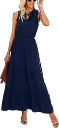 Sleeveless Maxi Dress Solid Color Tie Round Neck - Lightweight Ruffle
