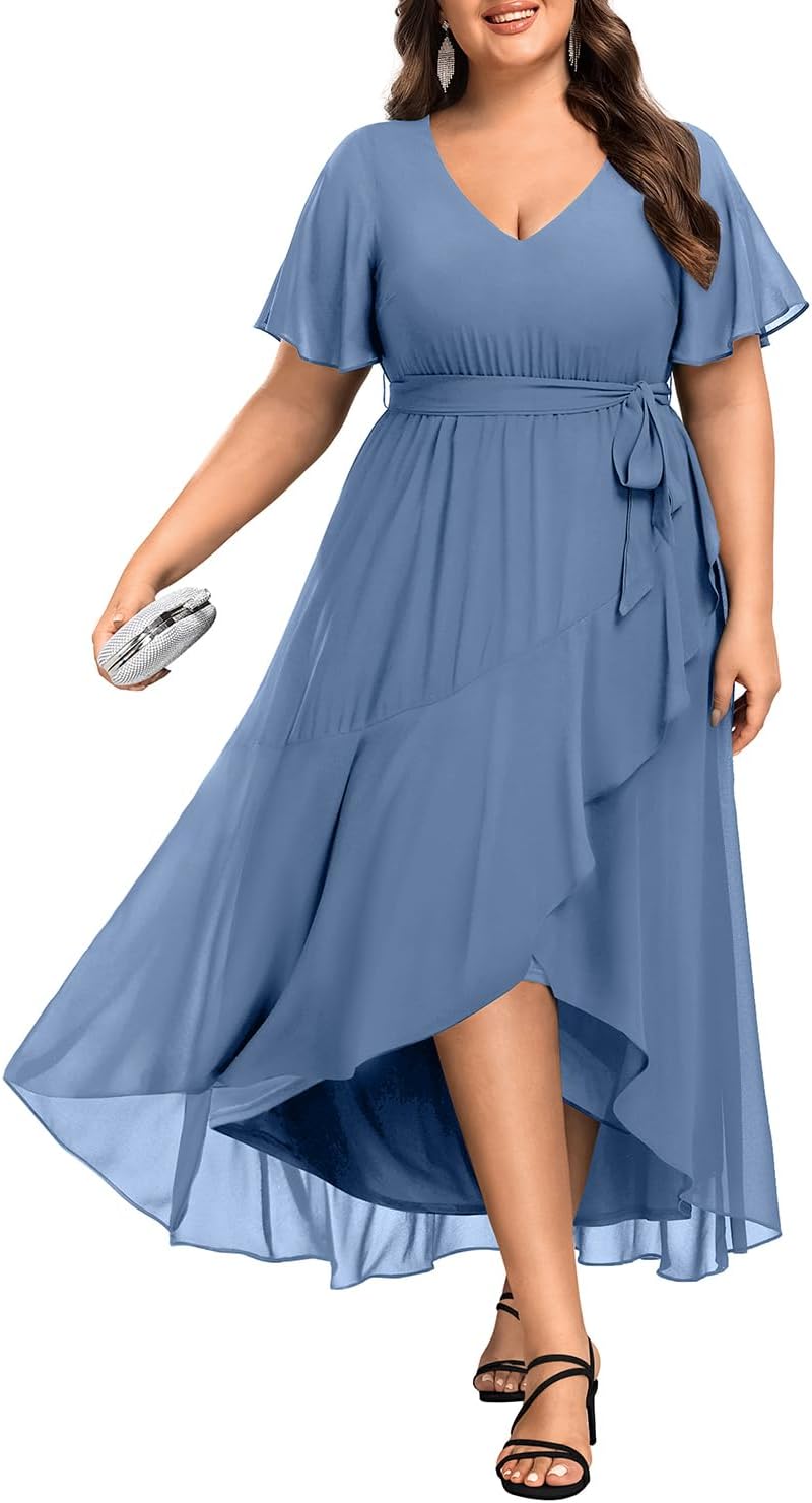 Womens Plus Size Long Dress Chiffon High Low Split Ruffle Style