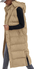 Long Puffer Vest for Women Quilted Hooded Button & Zip - Warm Layer