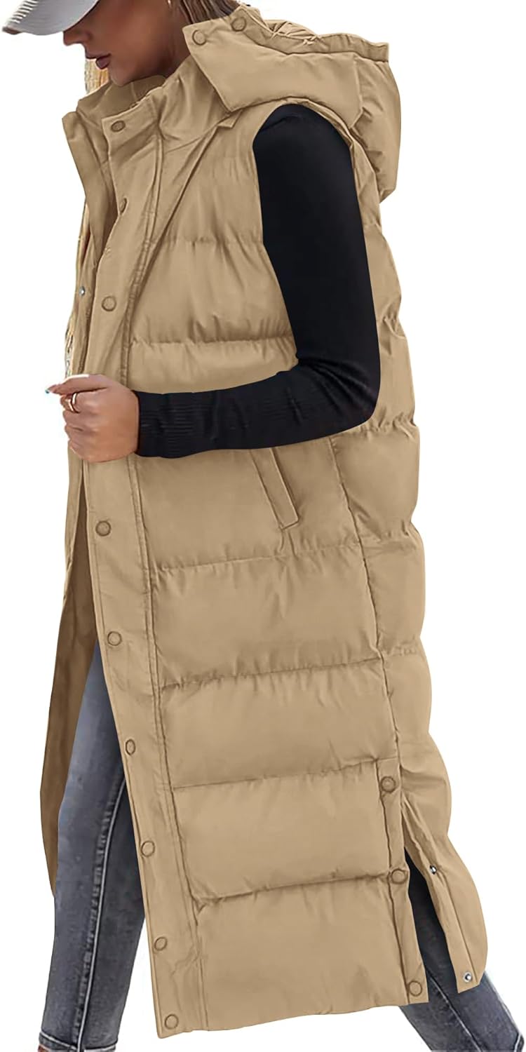 Long Puffer Vest for Women - Quilted Hooded Sleeveless Jacket