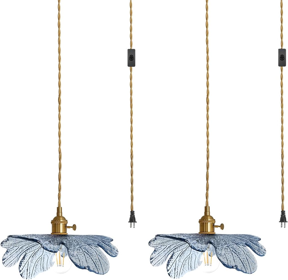 Plug in Pendant Light 2 Pack with Blue Glass Shade for Home