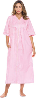 Women's Zip Front Woven House Dress with 3/4 Sleeves - Lightweight