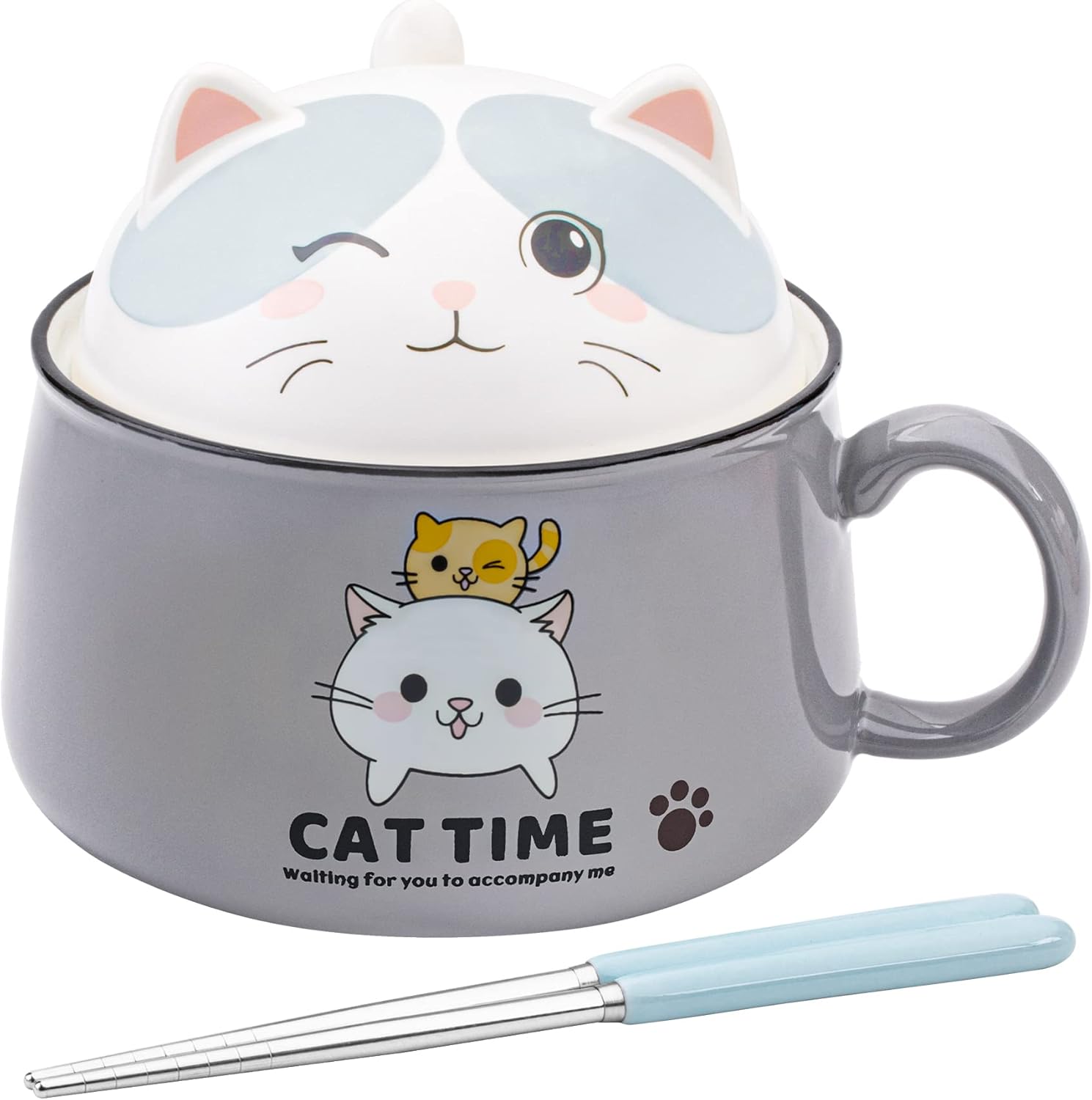 Cute Cat Ramen Bowl Set - 34.5 OZ Extra Large Ceramic