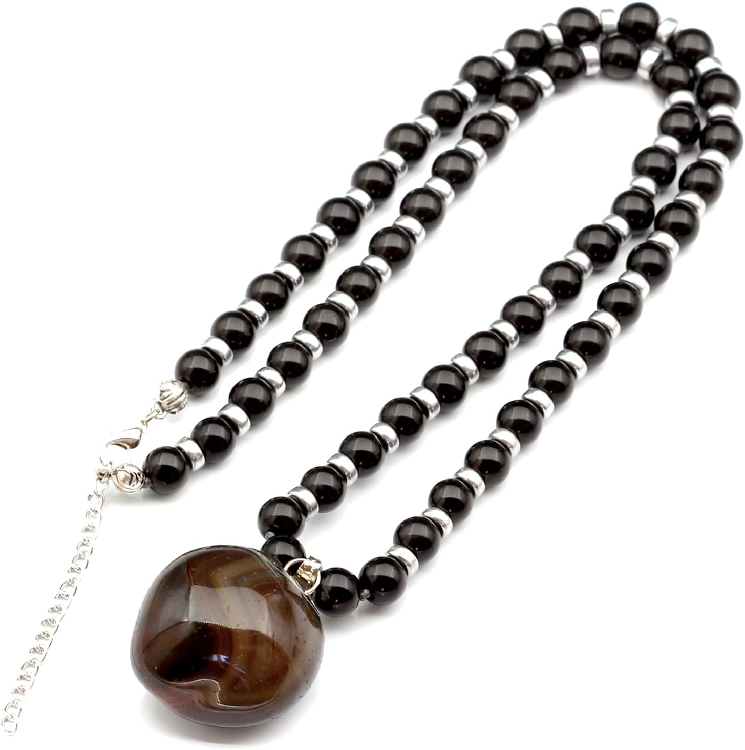 Natural Raw Tourmaline Pendant and Black Onyx Beaded Necklace