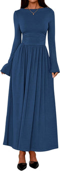 Long Sleeve Maxi Dresses for Women - Ruched Boat Neck Flowy 2025