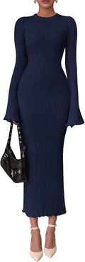 Sweater Dresses for Women 2025 Fall Bell Sleeve Bodycon Maxi Dress