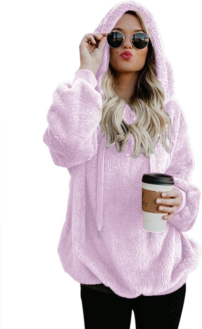 Women Casual Double Fuzzy Sweatshirt Cozy Zip Pullover Hoodies