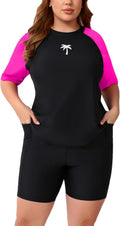 Halcurt Women's Plus Built in Bra Rash Guard Two Piece Swim Set Short