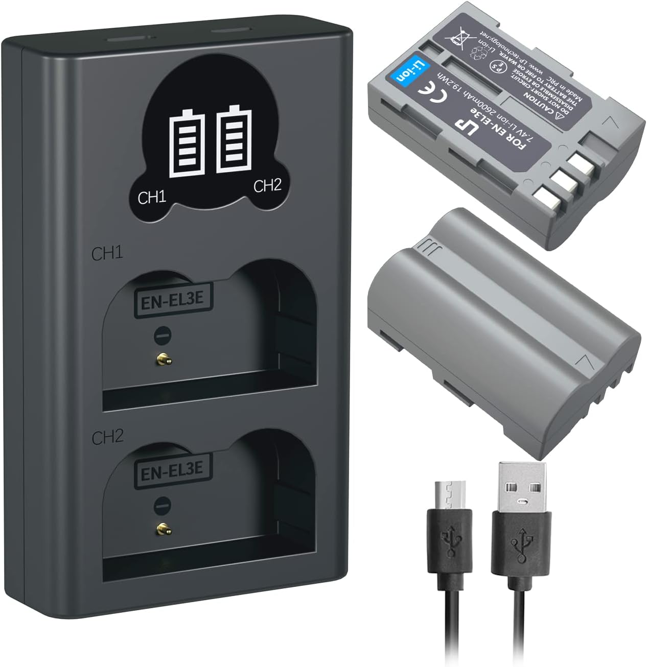 LP EN-EL3e Battery 2-Pack and Charger for Nikon Cameras