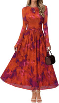 Women's Long Sleeve Fall Wedding Guest Maxi Dress - Flowy Floral Mesh
