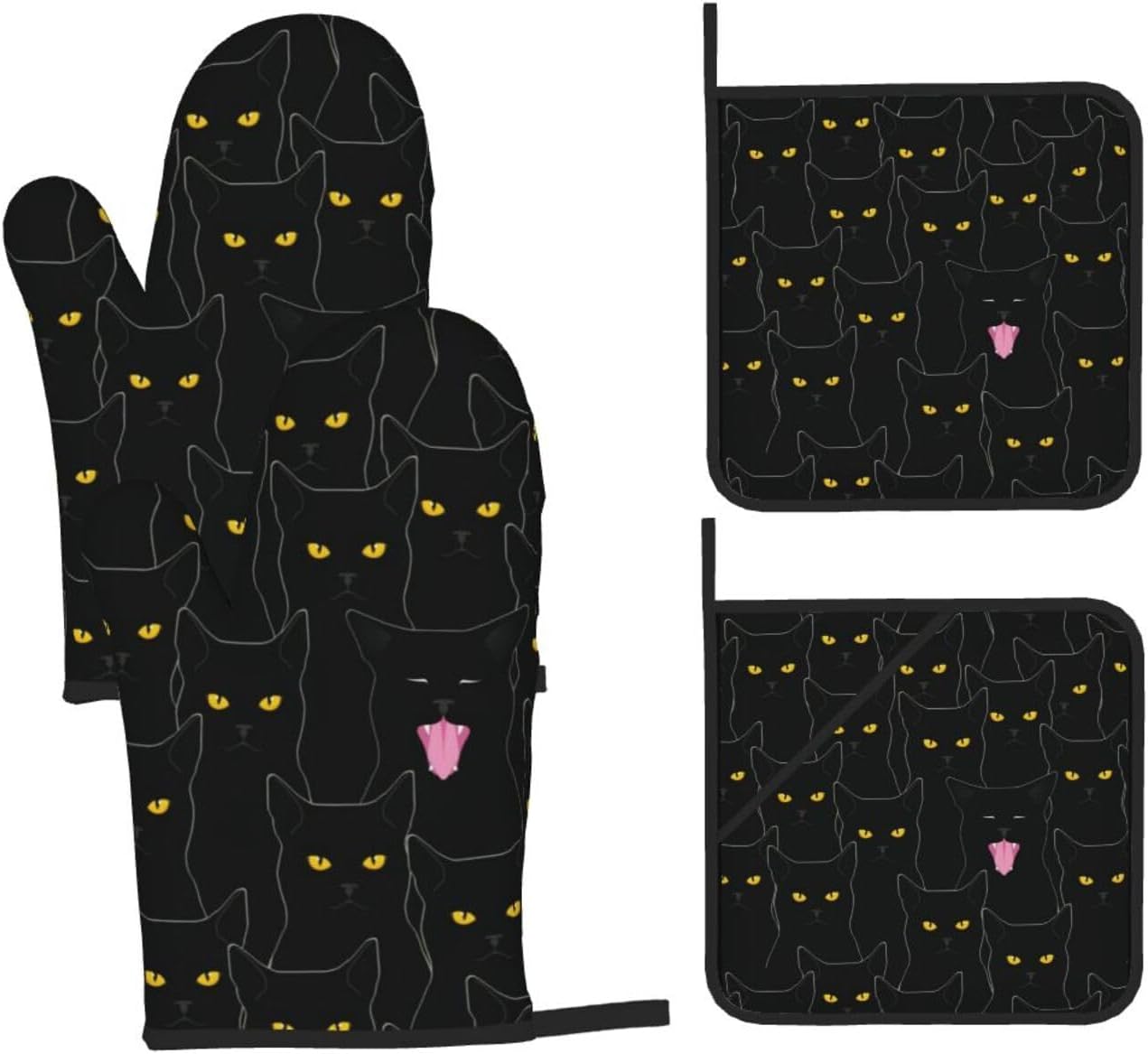 Black Cat Oven Mitts Set - Heat Resistant & Non-Slip