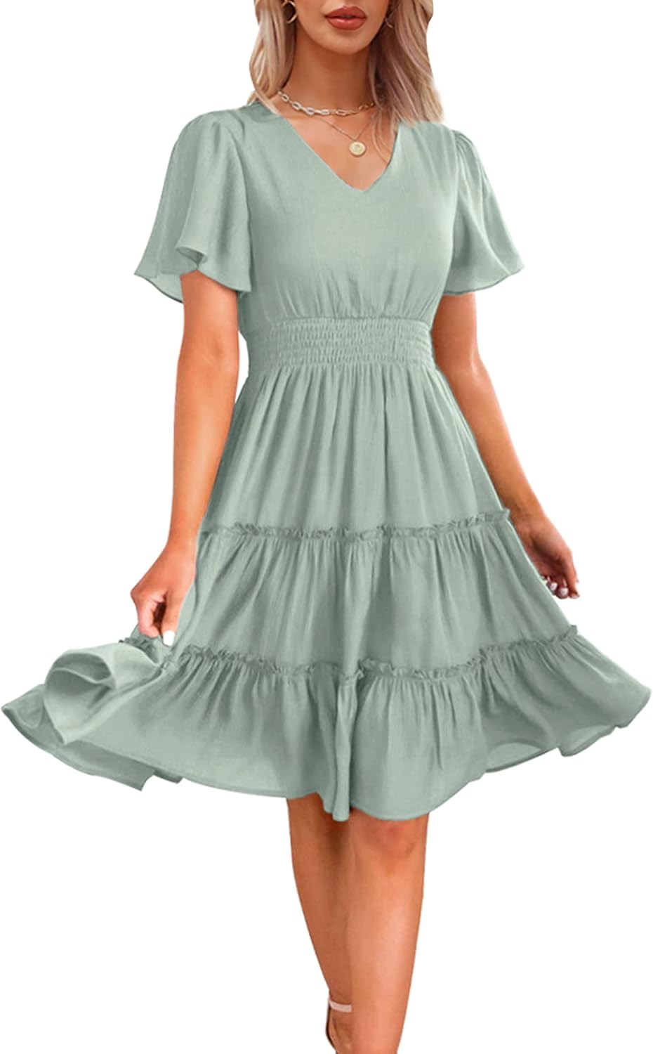 Zattcas Women Spring Summer Dress V Neck Smocked Waist Midi