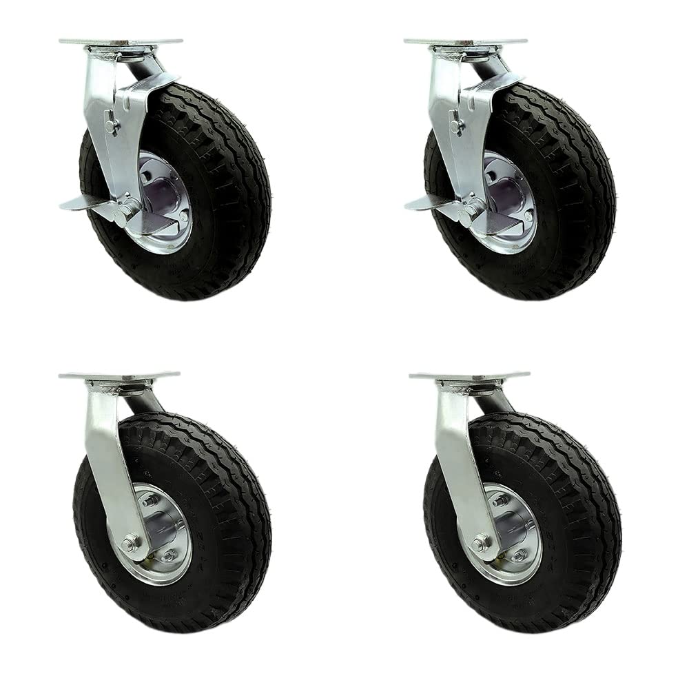 10 Inch Pneumatic Casters - Heavy Duty Set of 4 with Brakes