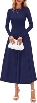 Fall Dresses for Women 2025 Long Sleeve Pleated A Line Midi Dress