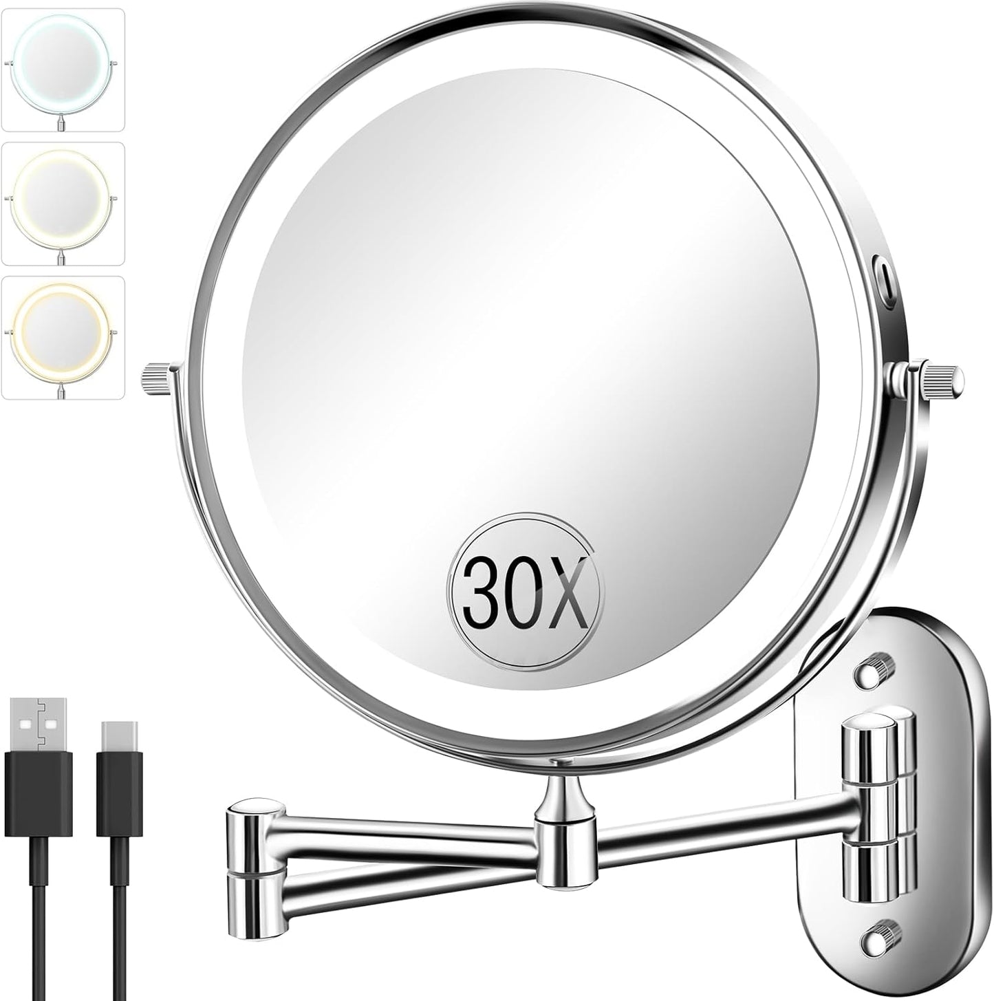 30X/1X Wall Mounted Lighted Makeup Mirror with 3 Color Lights