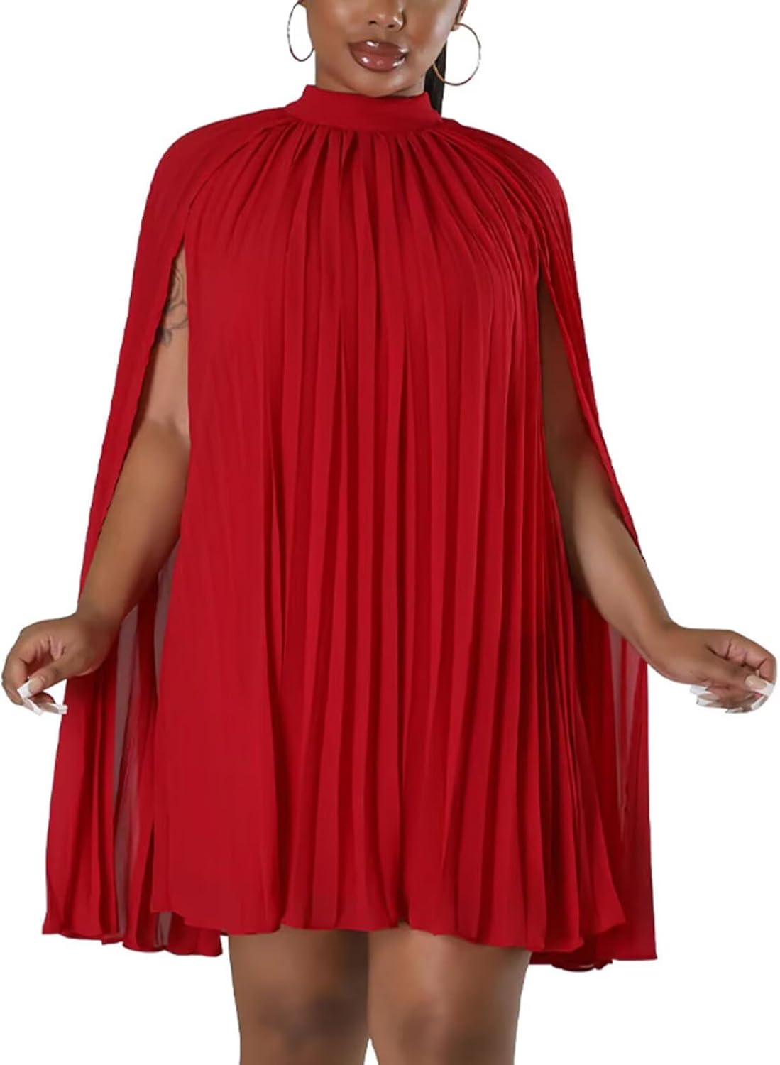 Womens Casual Cape Sleeve Pleated Short Dress for Parties