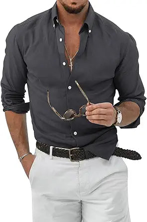 JMIERR Men's Cotton Linen Button Down Shirt for Casual Style