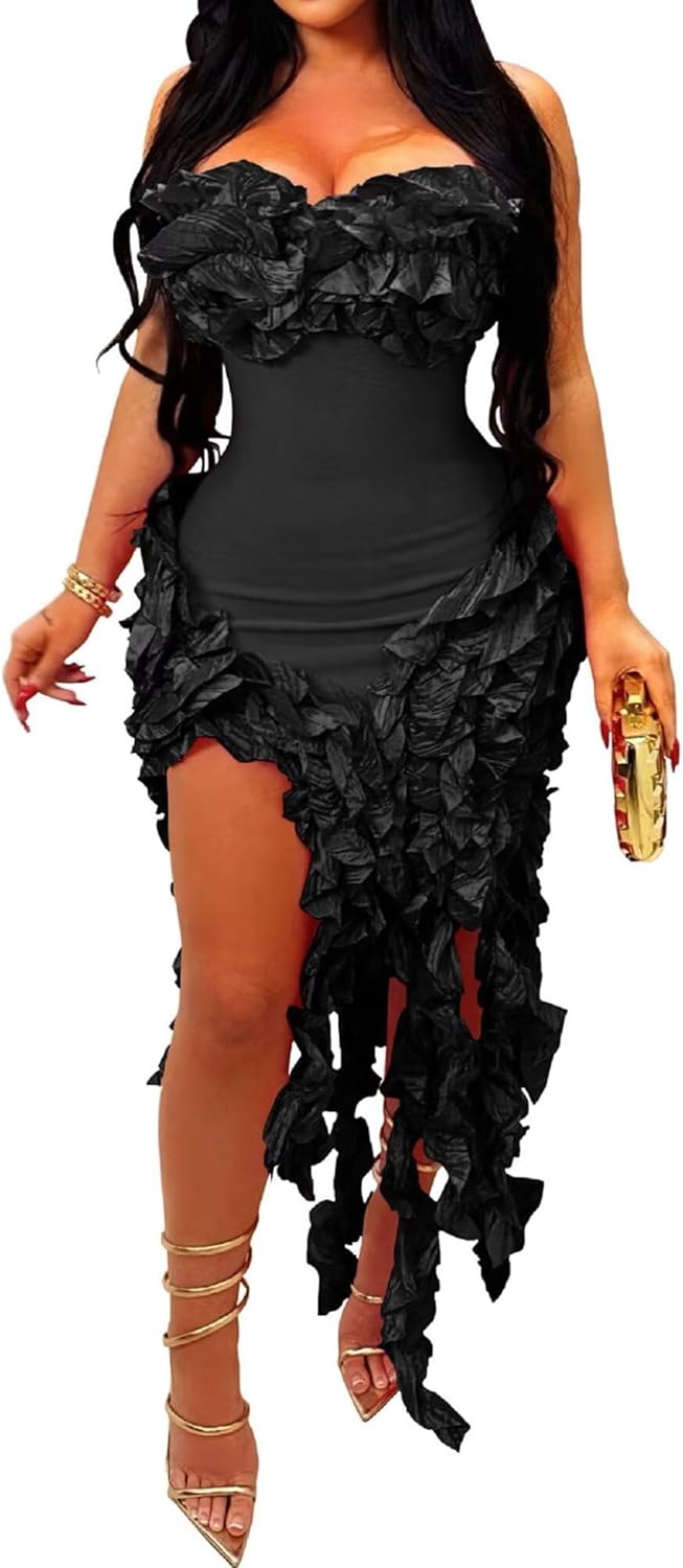 IyMoo Women Sexy Strapless Ruffle Bodycon Dress for Parties