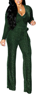 Women Sparkly V Neck Jumpsuit with Belt - Sexy Long Sleeve Party Wear