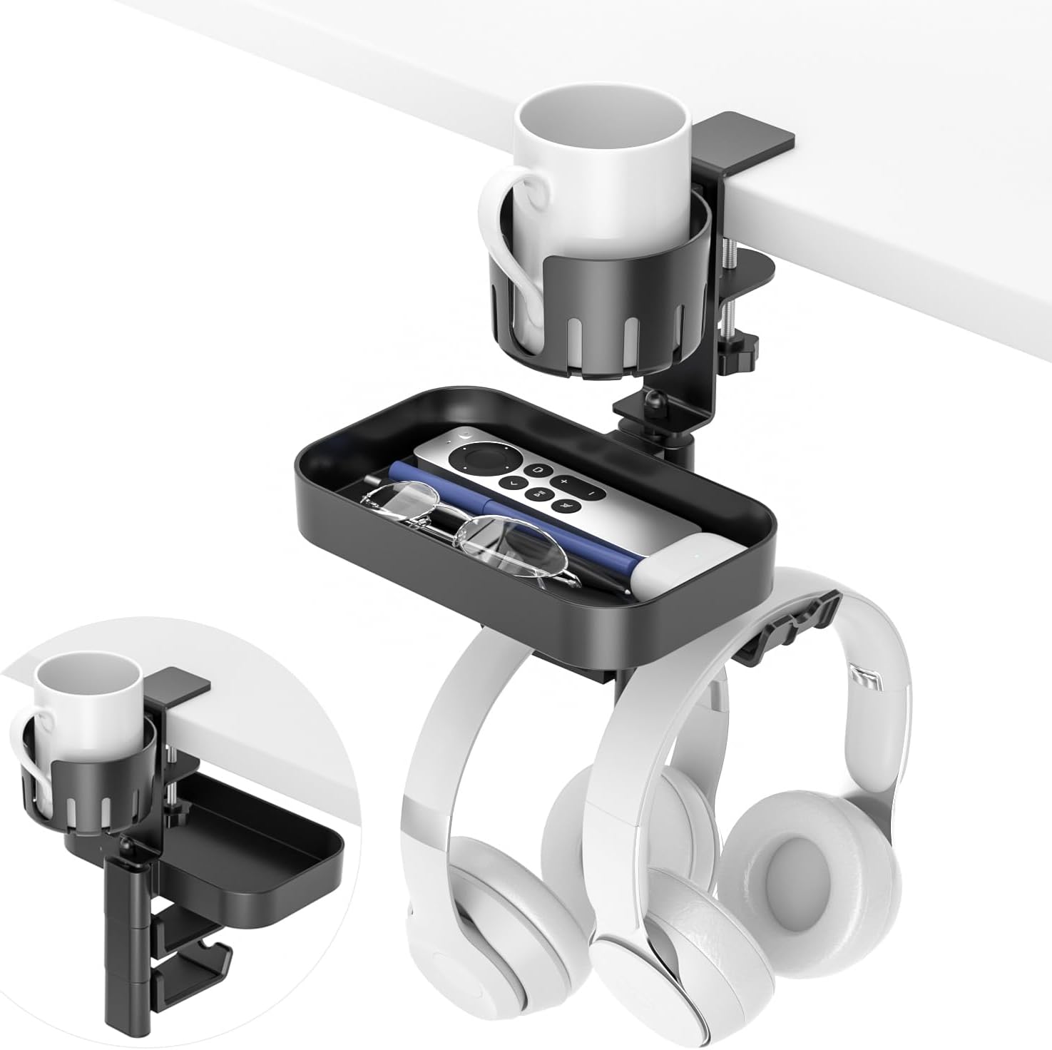 Rotating Cup Holder & Headphone Hook - Hidden Storage Desk Clamp