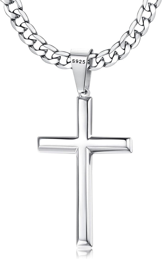 925 Sterling Silver Cross Necklace with Durable Cuban Link Chain
