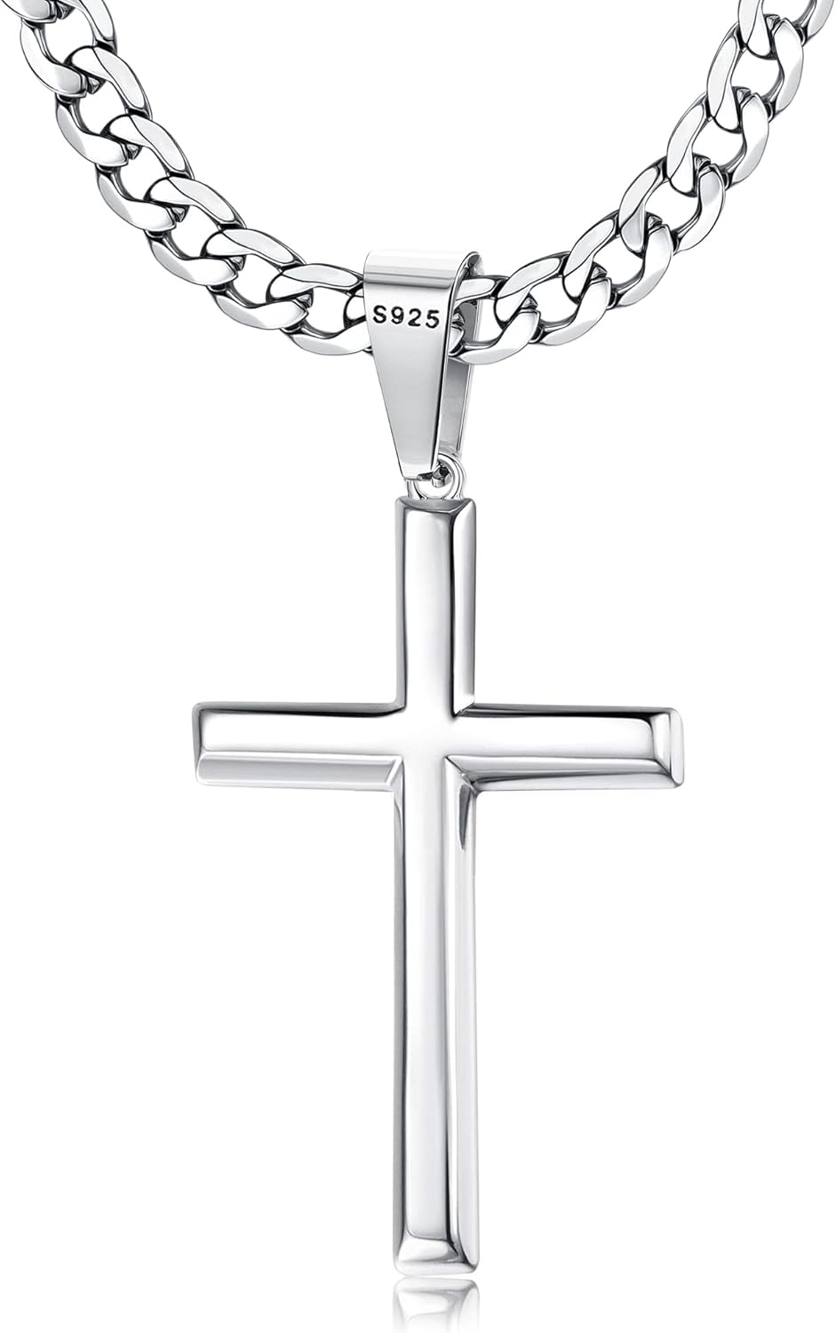 925 Sterling Silver Cross Necklace with Durable Cuban Link Chain