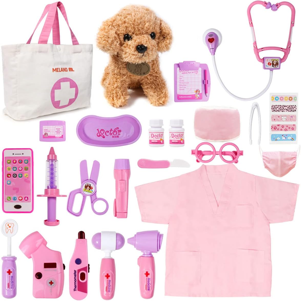 Meland Girls Toy Doctor Kit - Pretend Play Set with Dog Toy