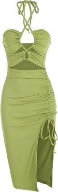Women's Sleeveless Criss Cross Halter Midi Dress - Sexy Halter Fit