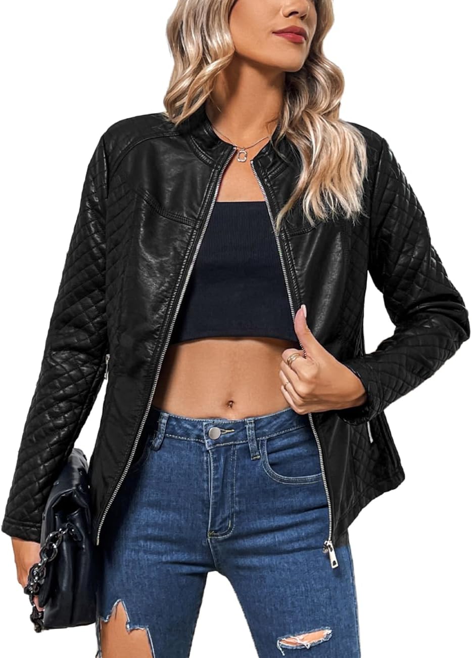 Faux Leather Jacket Women Motorcycle Zipper Bomber Coat