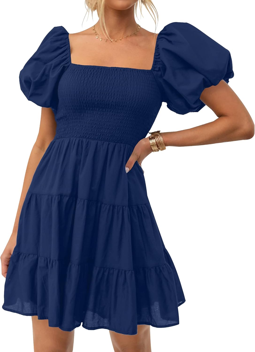 ZESICA Women's Boho Summer Square Neck Puff Sleeve Mini Dress