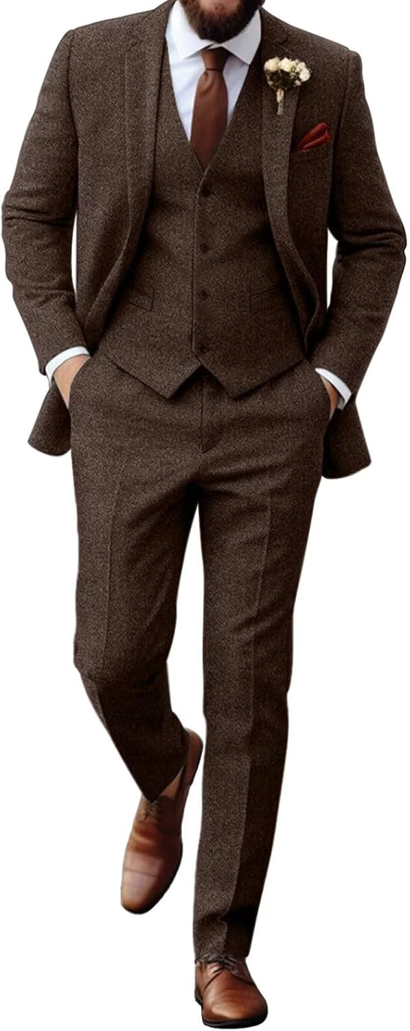 Retro Tweed Herringbone Suit for Men Slim Fit 3 Pieces Set