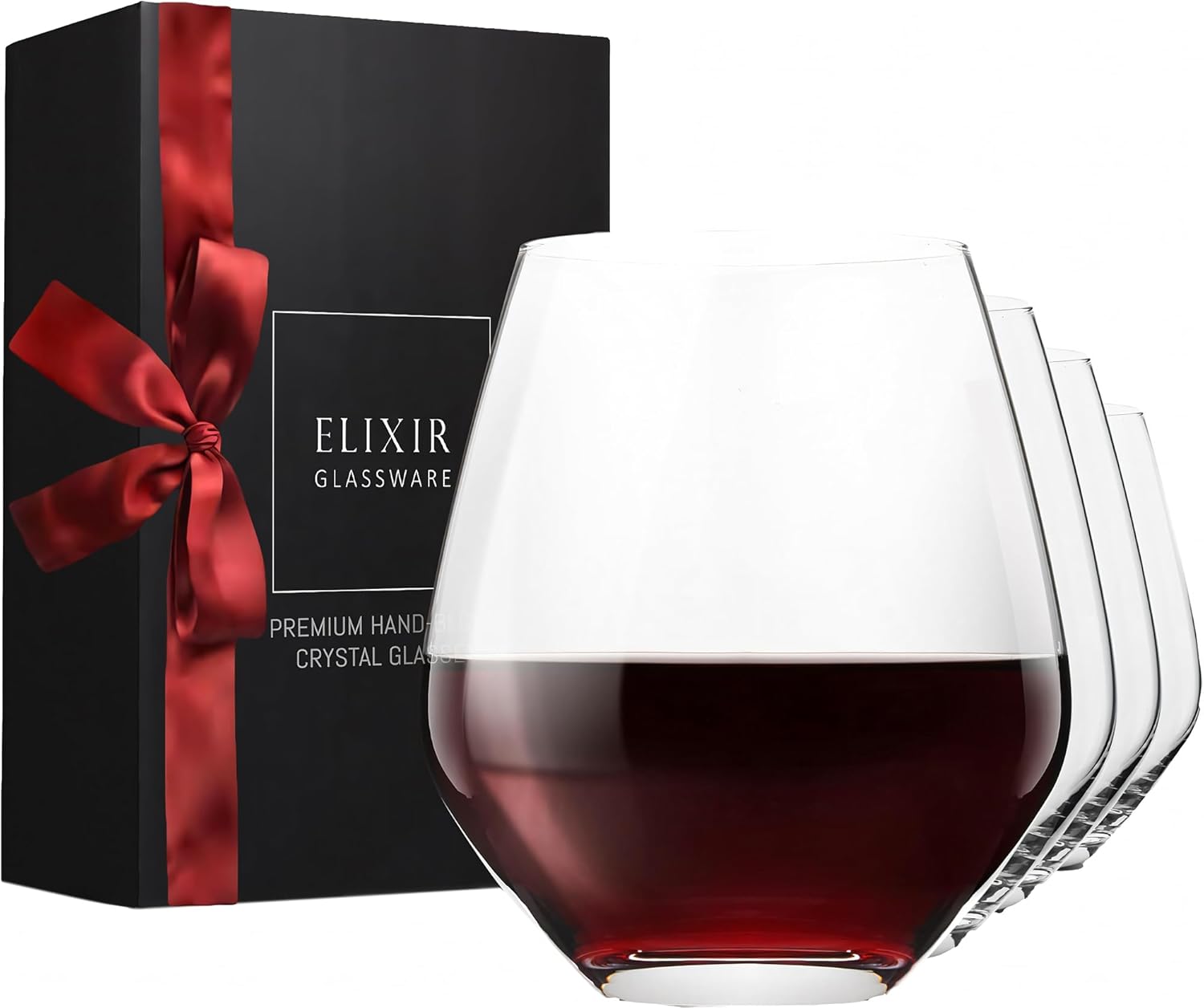 Elixir Stemless Wine Glasses Set of 4 - Premium 18 oz Crystal