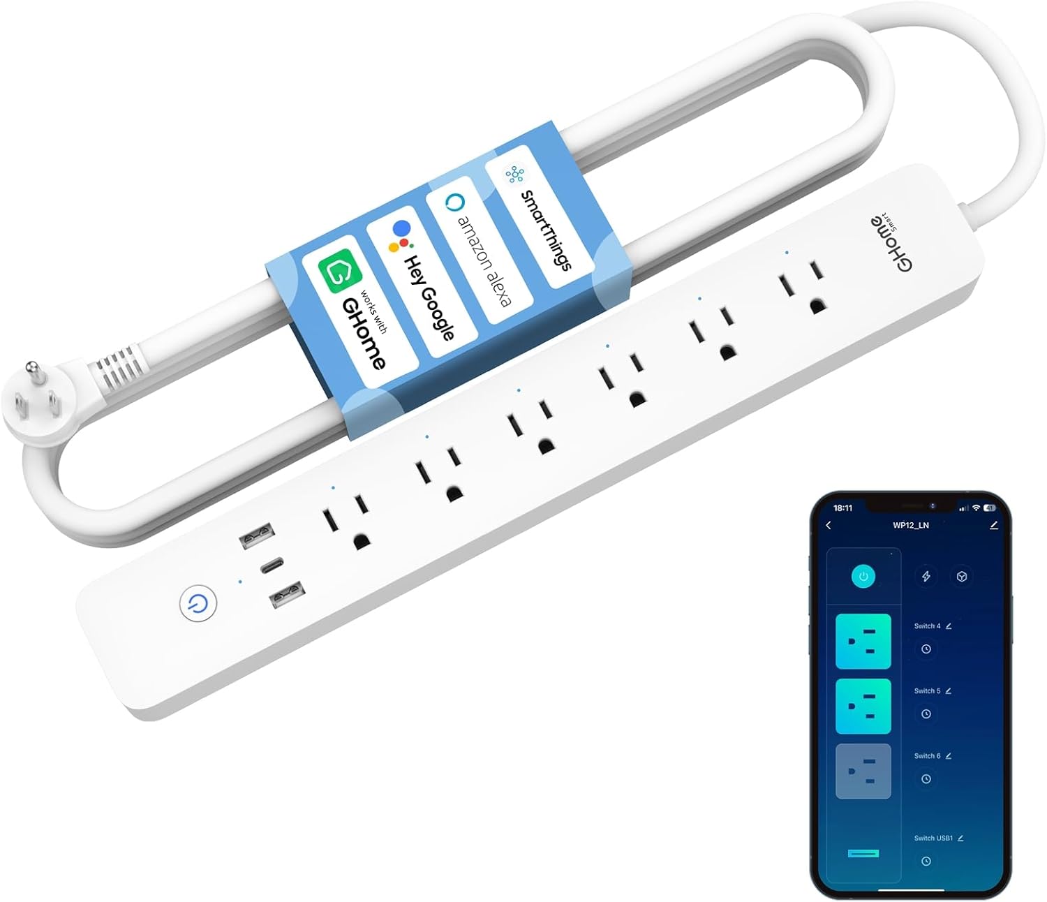 GHome Smart Plug Power Strip with 6 Outlets and USB Ports