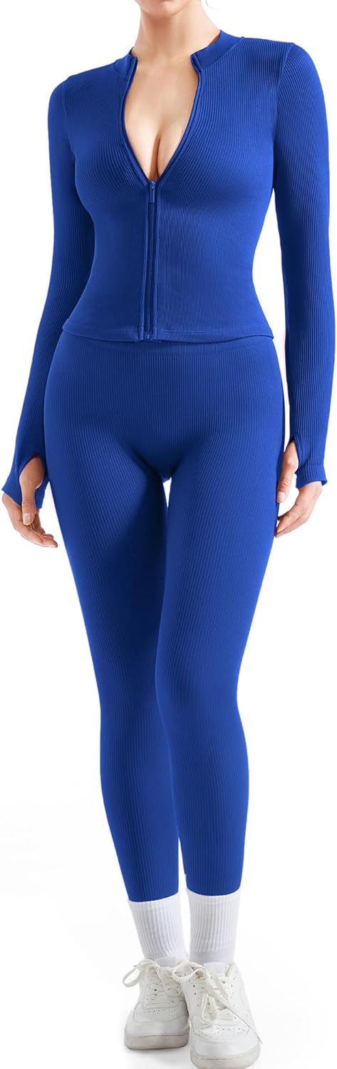 SUUKSESS Women 2 Piece Seamless Ribbed Workout Sets for Fitness
