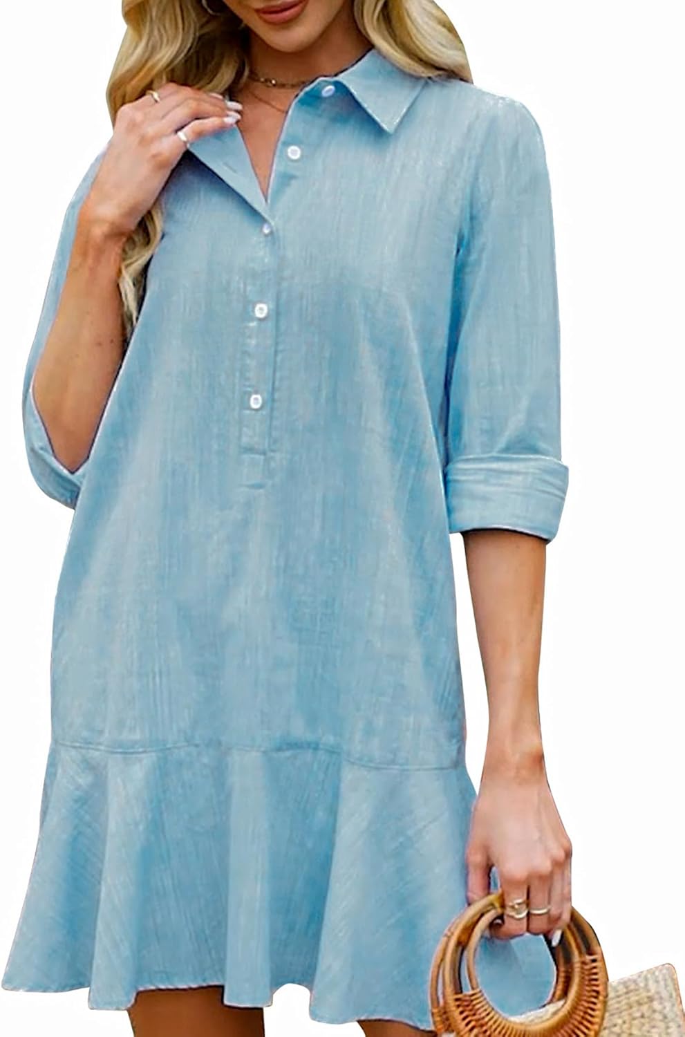 Womens Tunic Shirt Mini Dress Long Sleeve Cotton Shift Dress