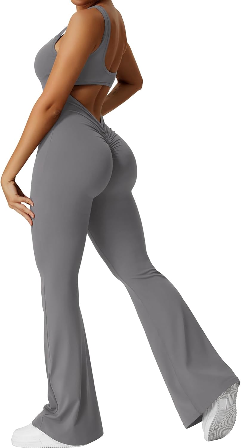 YEOREO Women Workout Scrunch Flare Jumpsuits for Gym Yoga