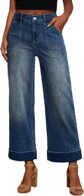 EVALESS Womens High Waist Wide Leg Jeans Cropped Ankle-Length