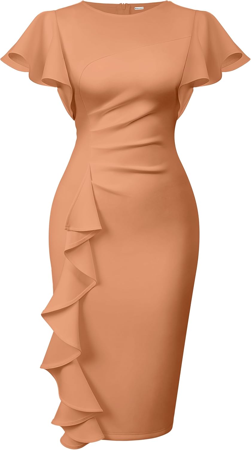 Memoriesea Women's Vintage Church Ruffle Sleeve Midi Dress