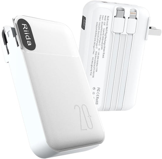 riida 20000mAh Portable Charger | Fast 22.5W Charging | Built-in Cables & AC Plug