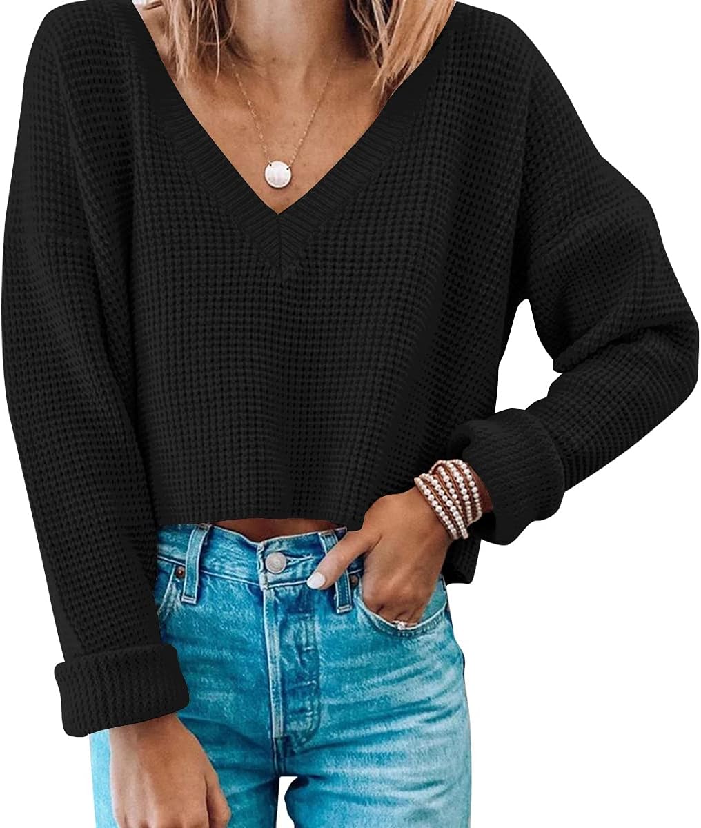 Womens V Neck Waffle Knit Cropped Top Long Sleeve Sweater