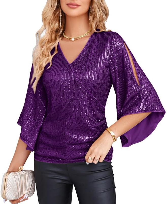 Sparkly Sequin Tops for Women - V-Neck Glitter Blouse