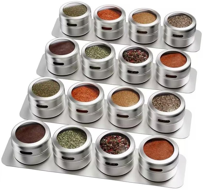 Magnetic Spice Tins Set with Wall Plates and Labels for Kitchen