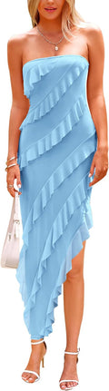 Summer Wedding Guest Dresses for Women Strapless Ruffle Maxi - Elegant